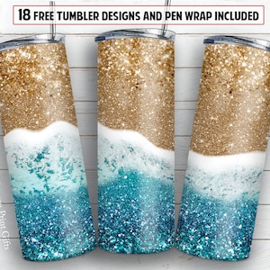 Ocean beach glitter tumbler PNG design Summer vocation 20oz and 30oz skinny tumbler STRAIGHT digital wrap + Epoxy pen wrap design
