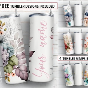 Name flower BUNDLE 20 oz skinny tumbler sublimation design Floral Watercolor add text blank digital PNG Straight wrap Waterslide download