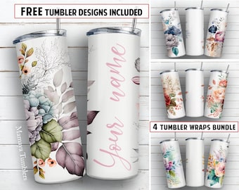Name flower BUNDLE 20 oz skinny tumbler sublimation design Floral Watercolor add text blank digital PNG Straight wrap Waterslide download