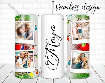 Picture frame Christmas lights tumbler PNG design Buffalo plaid glitter name 20 oz skinny tumbler STRAIGHT digital wrap