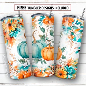 Pumpkins 20oz skinny tumbler sublimation design Teal orange flowers Fall Autumn Thanksgiving digital PNG Straight wrap download
