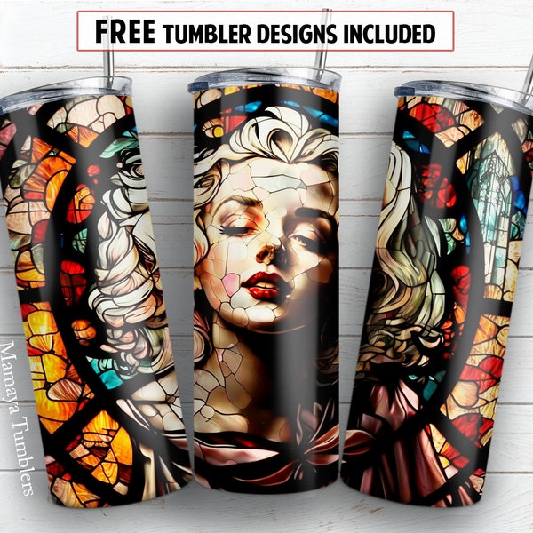 Stained glass Marilyn Monroe 20 oz skinny tumbler sublimation design Abstract portrait digital PNG Straight wrap Waterslide download