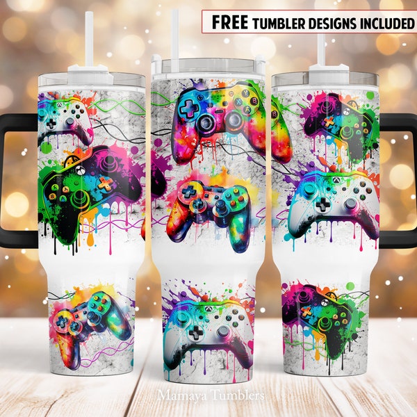 Gamer 40oz Quencher tumbler sublimation design Contrôleur de jeu néon numérique PNG wrap Waterslide télécharger