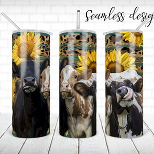 SEAMLESS cow trio and sunflower tumbler PNG design Western leopard 20 oz skinny tumbler STRAIGHT digital wrap