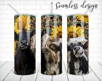 SEAMLESS cow trio and sunflower tumbler PNG design Western leopard 20 oz skinny tumbler STRAIGHT digital wrap