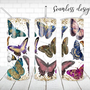 Butterfly tumbler PNG design Summer glitter 20 oz skinny tumbler STRAIGHT digital wrap