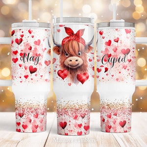 Hay Cupid 40oz Quencher tumbler sublimation design Valentines day Highland cow bandana Love Heart digital PNG wrap Waterslide download