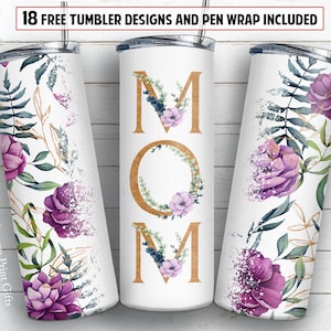Mom 20 oz skinny tumbler sublimation design Floral digital PNG design + 30 oz tumbler template and Epoxy pen wrap design