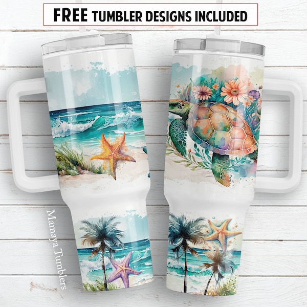 Turtle on the beach 40oz Quencher tumbler sublimation design Summer landscape starfish palm trees digital PNG wrap Waterslide download