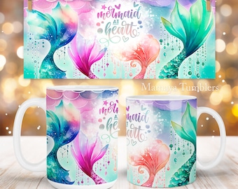 Mermaid at heart mug sublimation design Mermaid tails Sea life Pink and teal 11oz 15oz coffee cup template Wrap PNG Digital download