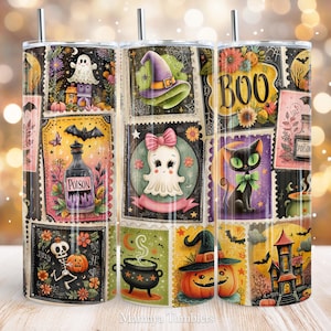 May include: A Halloween-themed tumbler with a collage of vintage-style postage stamp designs. The stamps feature ghosts, witch hats, black cats, pumpkins, and the word "BOO". The tumbler has a silver straw and is decorated with a variety of colours.