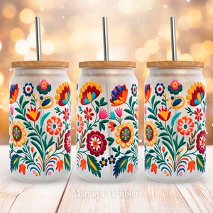 Mexican flowers 16oz glass can sublimation design Mexico embroidery pattern Glass can wrap PNG wrap download