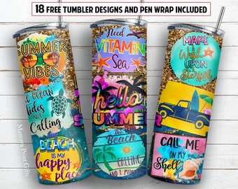 Summer 20 oz skinny tumbler sublimation design Starfish Turtle Glitter beach PNG design + 30 oz tumbler template and Epoxy pen wrap design