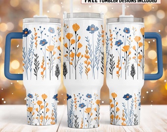 Wild flowers 40oz Quencher tumbler sublimation design Floral digital PNG wrap Waterslide download
