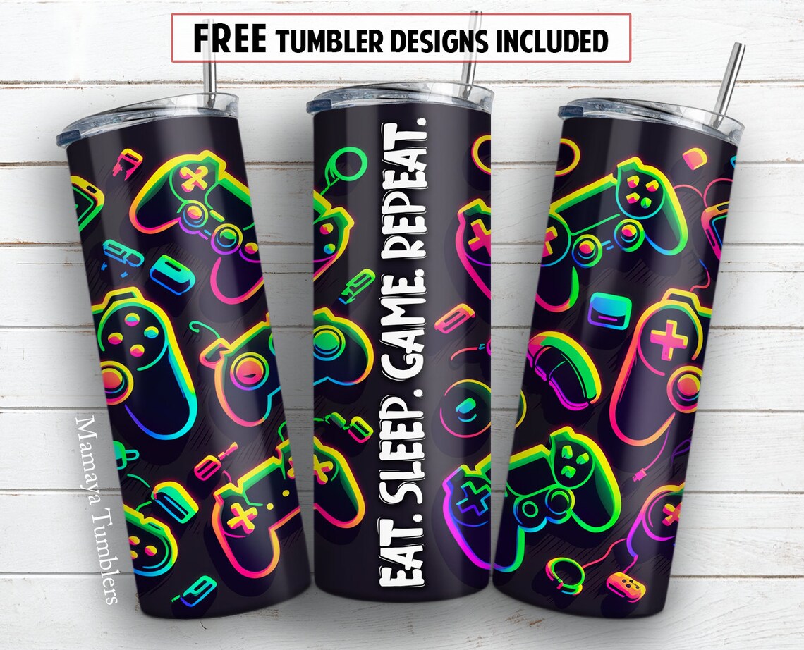 Gamer 20 Oz Skinny Tumbler Sublimation Design Eat Sleep Game Repeat ...