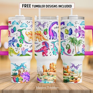 Dinosaur 40 oz Quencher tumbler sublimation design Funny watercolor animal Girl boy digital PNG wrap Waterslide download