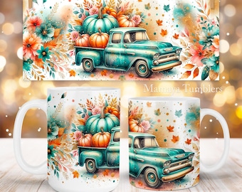 Fall Mug sublimation design Teal Pumpkin Autumn vibes Floral Boho Thanksgiving 11oz 15oz coffee cup template Wrap PNG Digital download