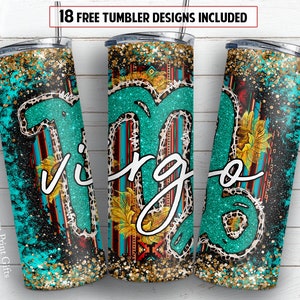 Virgo 20 oz skinny tumbler sublimation design Western sunflower zodiac sign digital PNG design + 30 oz tumbler wrap