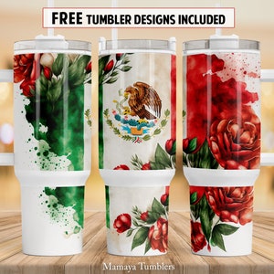 Mexican flag and roses 40 oz Quencher tumbler sublimation design Patriotioc Floral Mexico digital PNG wrap Waterslide download