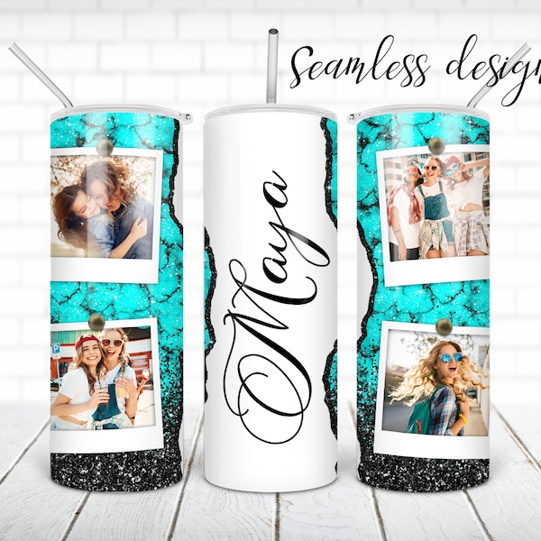 Picture frame teal turquoise tumbler PNG design Western glitter name 20 oz skinny tumbler STRAIGHT digital wrap