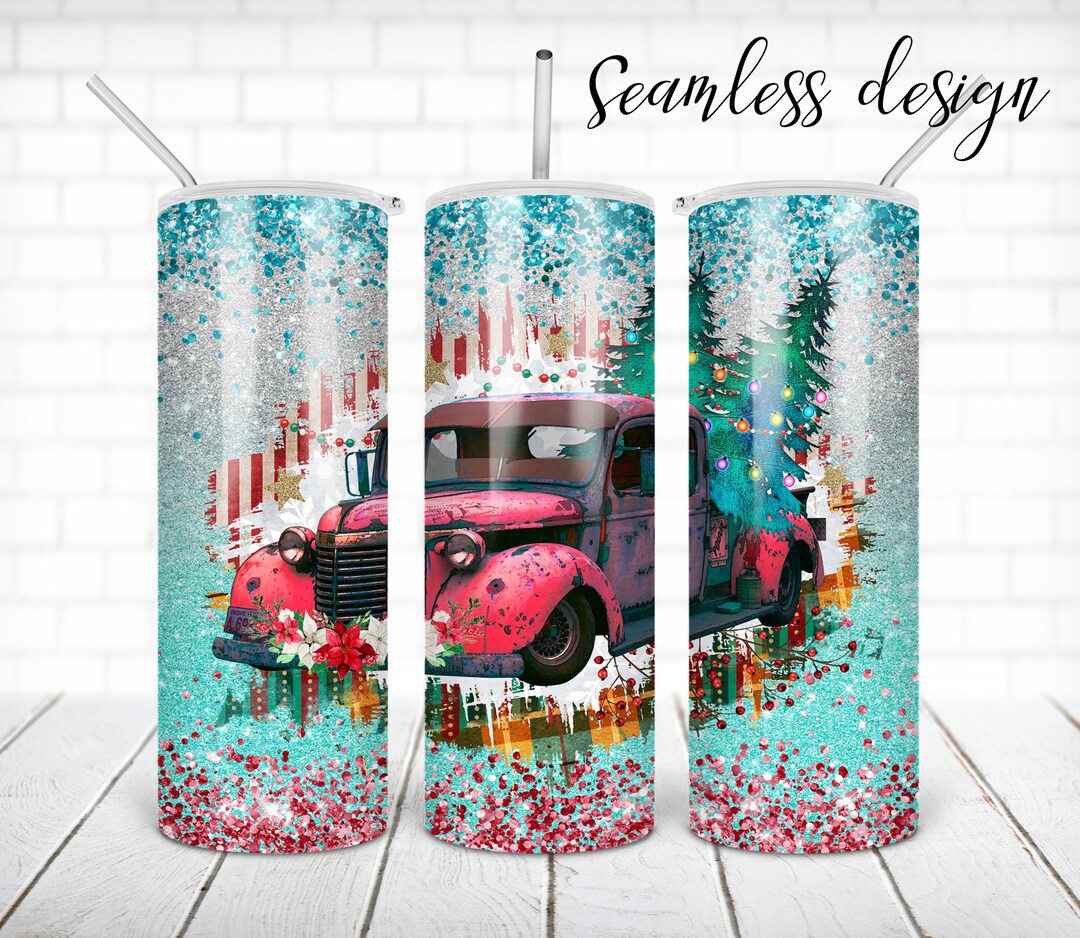 SEAMLESS Christmas Tumbler PNG Design Vintage Pickup With Christmas ...