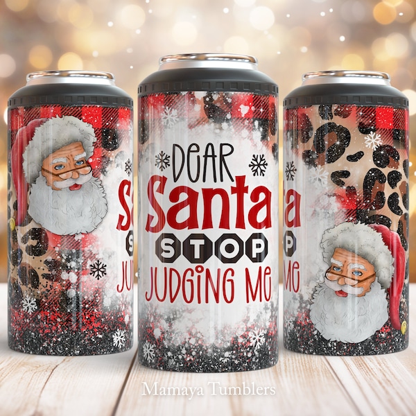 Christmas 4 in 1 can cooler sublimation design Dear Santa stop judging me Leopard buffalo plaid can cooler wrap Digital design Staight PNG