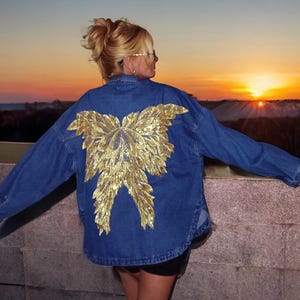 Blue Denim Oversized Jacket with Custom Handcrafted Sequin Yellow Embroidery on Back - One Size image 2