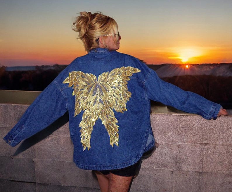 Blue Denim Oversized Jacket with Custom Handcrafted Sequin Yellow Embroidery on Back - One Size image 2