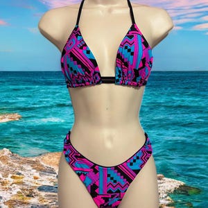 Reversible Tetris Print & Solid Black - Thong Bikini Set with Triangle Top