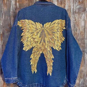 Blue Denim Oversized Jacket with Custom Handcrafted Sequin Yellow Embroidery on Back - One Size image 5