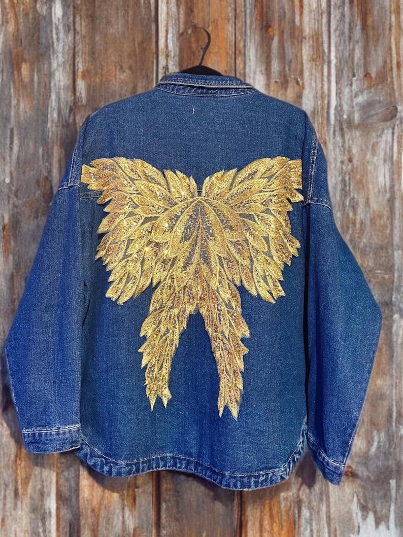 Blue Denim Oversized Jacket with Custom Handcrafted Sequin Yellow Embroidery on Back - One Size image 5