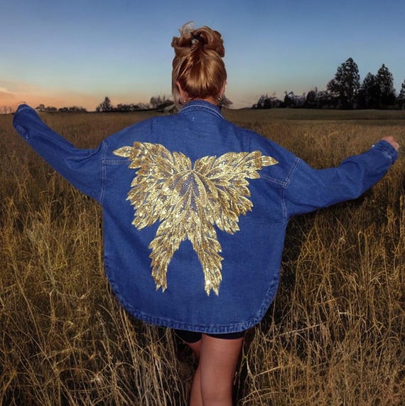 Blue Denim Oversized Jacket with Custom  Handcrafted Sequin Yellow Embroidery on Back - One Size