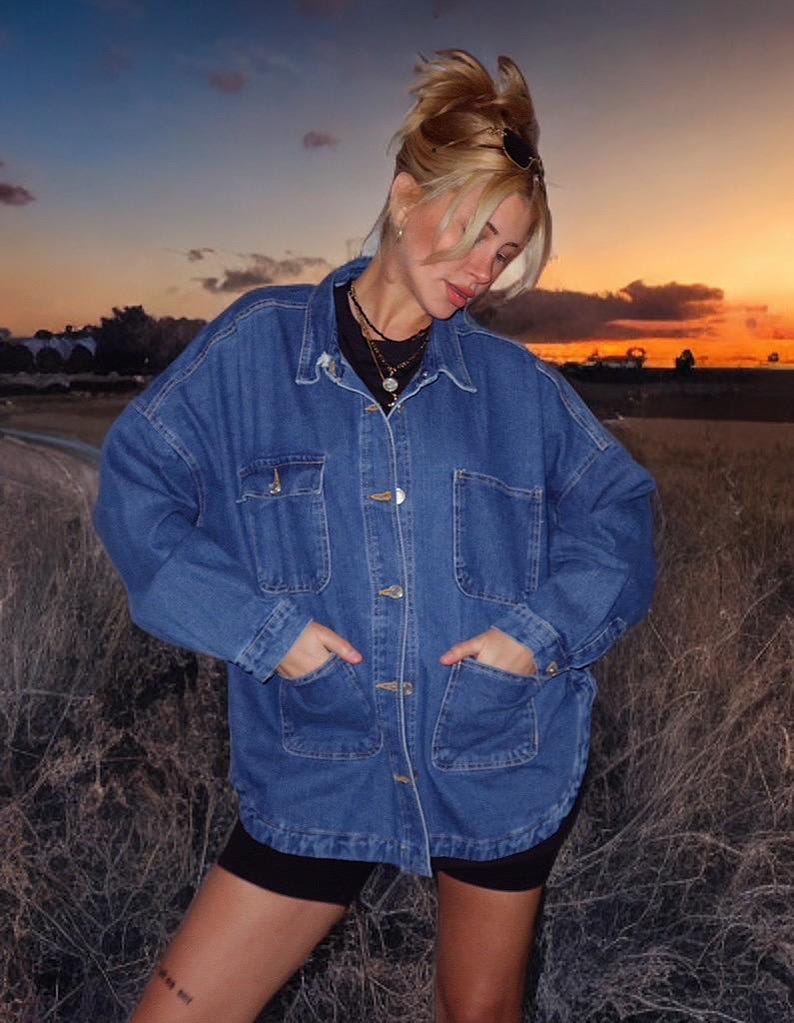 Blue Denim Oversized Jacket with Custom Handcrafted Sequin Yellow Embroidery on Back - One Size image 3