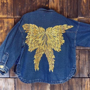 Blue Denim Oversized Jacket with Custom Handcrafted Sequin Yellow Embroidery on Back - One Size image 4