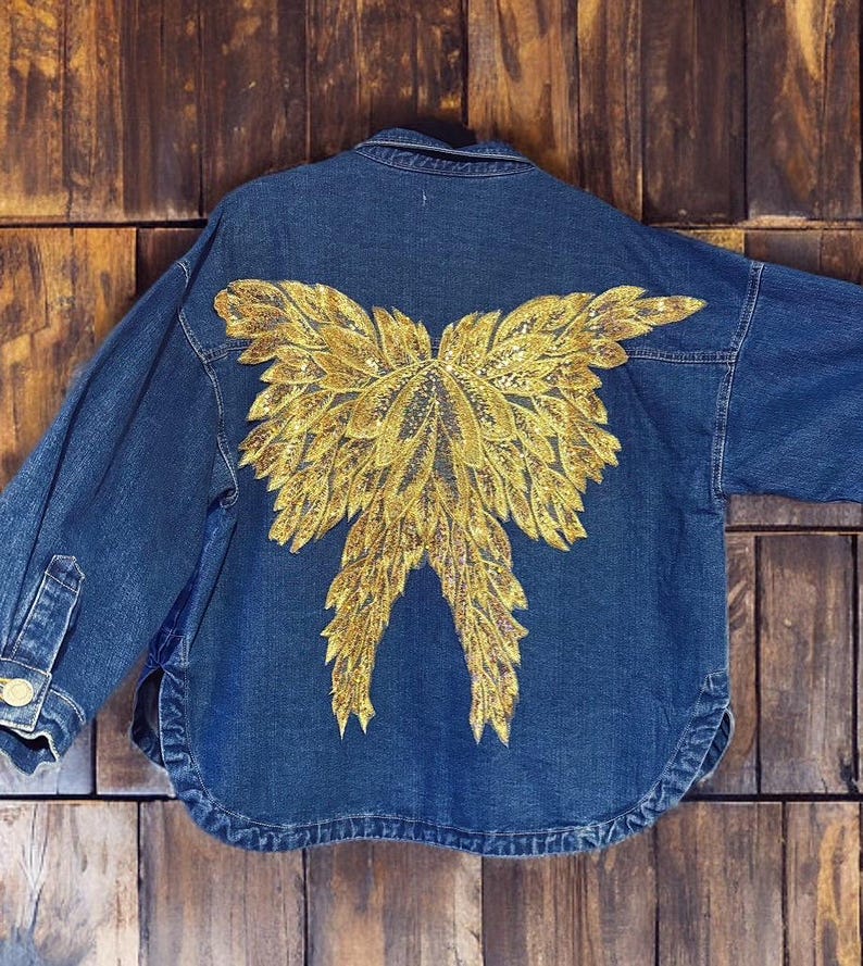 Blue Denim Oversized Jacket with Custom Handcrafted Sequin Yellow Embroidery on Back - One Size image 4