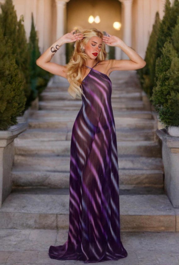 Purple Pleated Chiffon Dress | Long Sleeveless Halter Gown | Flowy Beach Dress with Open Back Tie