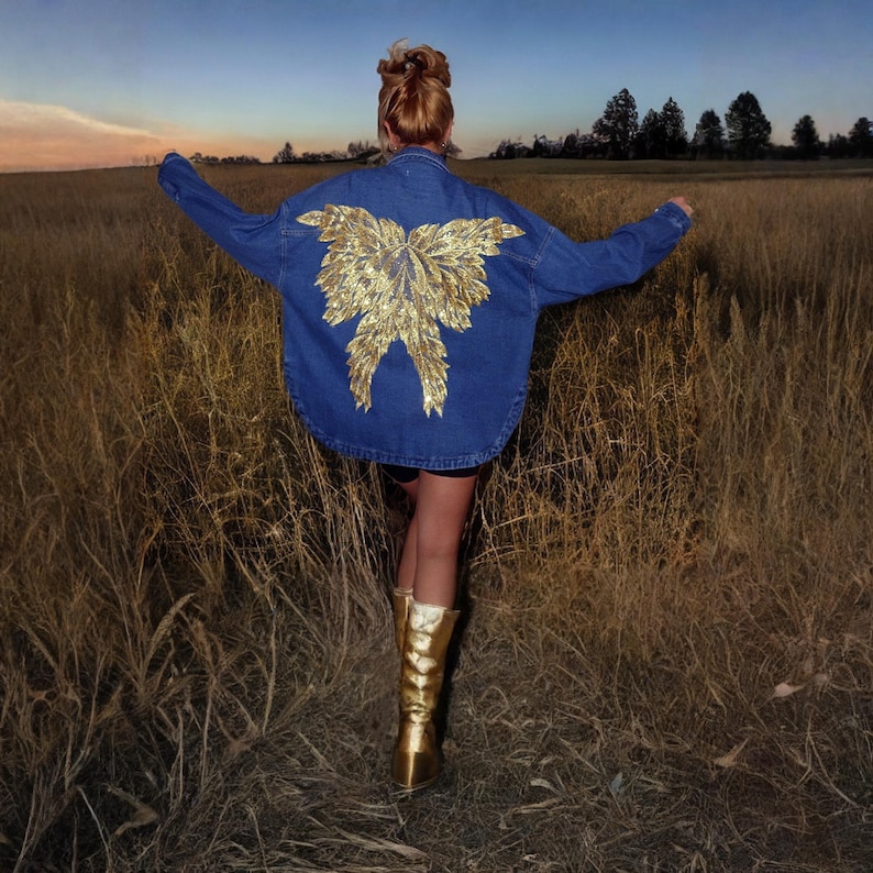 Blue Denim Oversized Jacket with Custom Handcrafted Sequin Yellow Embroidery on Back - One Size image 6