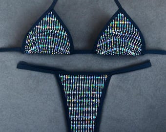 Metallic Holographic Disco Bikini Set | Micro Thong Bikini Bottom | Triangle Bikini Top
