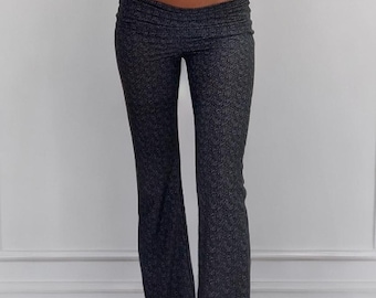 Black Stretchy Denim Print Low Rise Fold Over Flare Yoga Pants | Bell Bottom Leggings | Vintage Jean Look Lounge Pants | Flared Pants