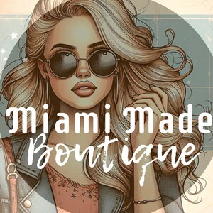 May include: Illustration of a woman with long blonde hair wearing sunglasses and a denim jacket. The text "Miami Made Boutique" is written in white cursive font over the image. The background is a light blue circle with stars.