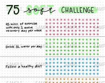 75 Soft Challenge Tracker, digitale PDF-download, Bullet, Journal, Spreads, pagina's, bujo, journaling