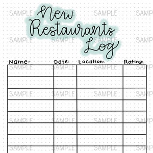 New Restaurants Log Digital PDF Download for Bujo, Bullet, Journal, Spreads, pages, tracker, spread, journaling, log, planner