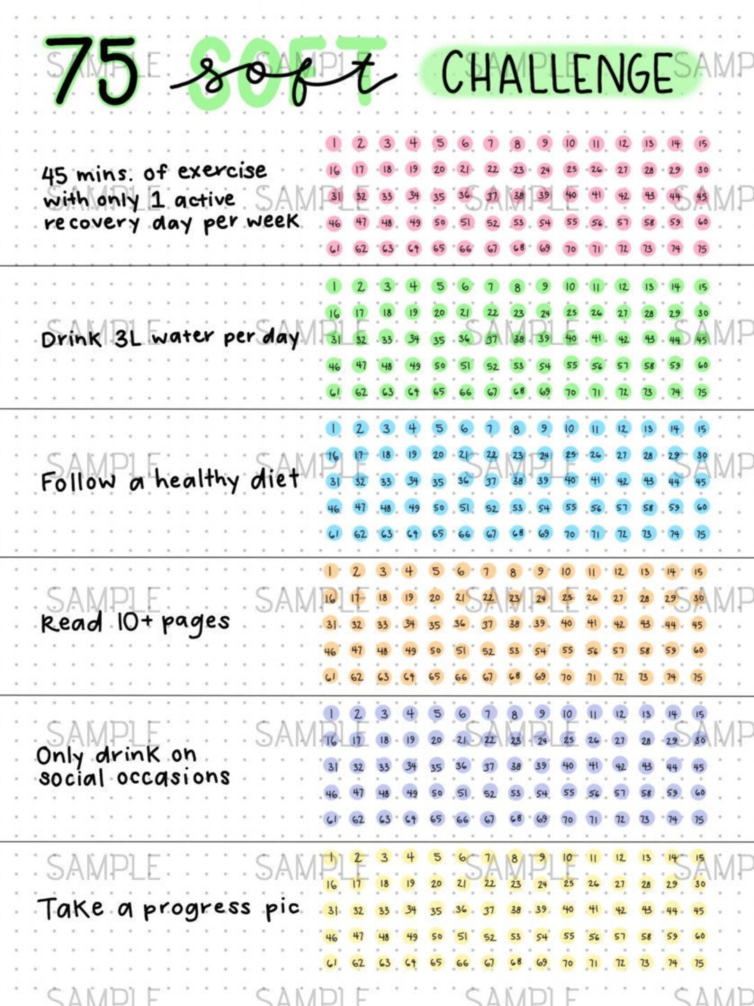 75 Soft Challenge Tracker Digital PDF Download Bullet Journal Spreads Pages Bujo