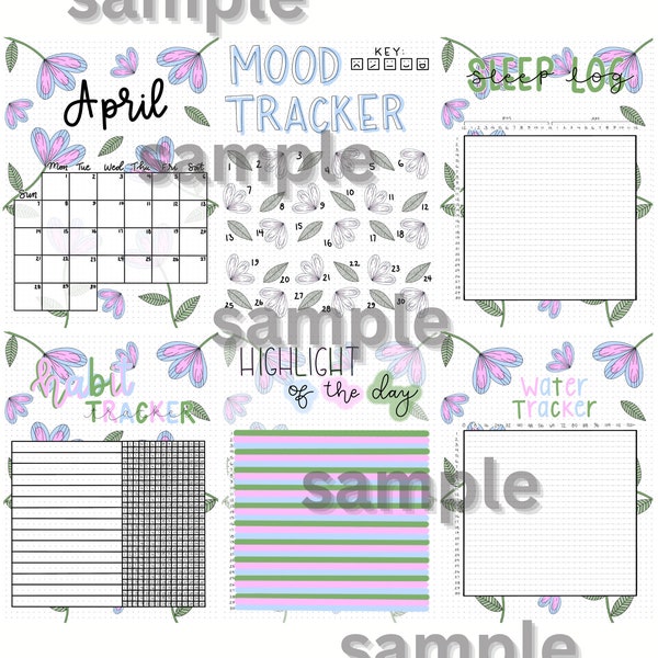 April 2024 Digital PDF Download for Bujo, bullet, journal, pages, tracker, habit, planner, mood, sleep, water, calendar, highlight