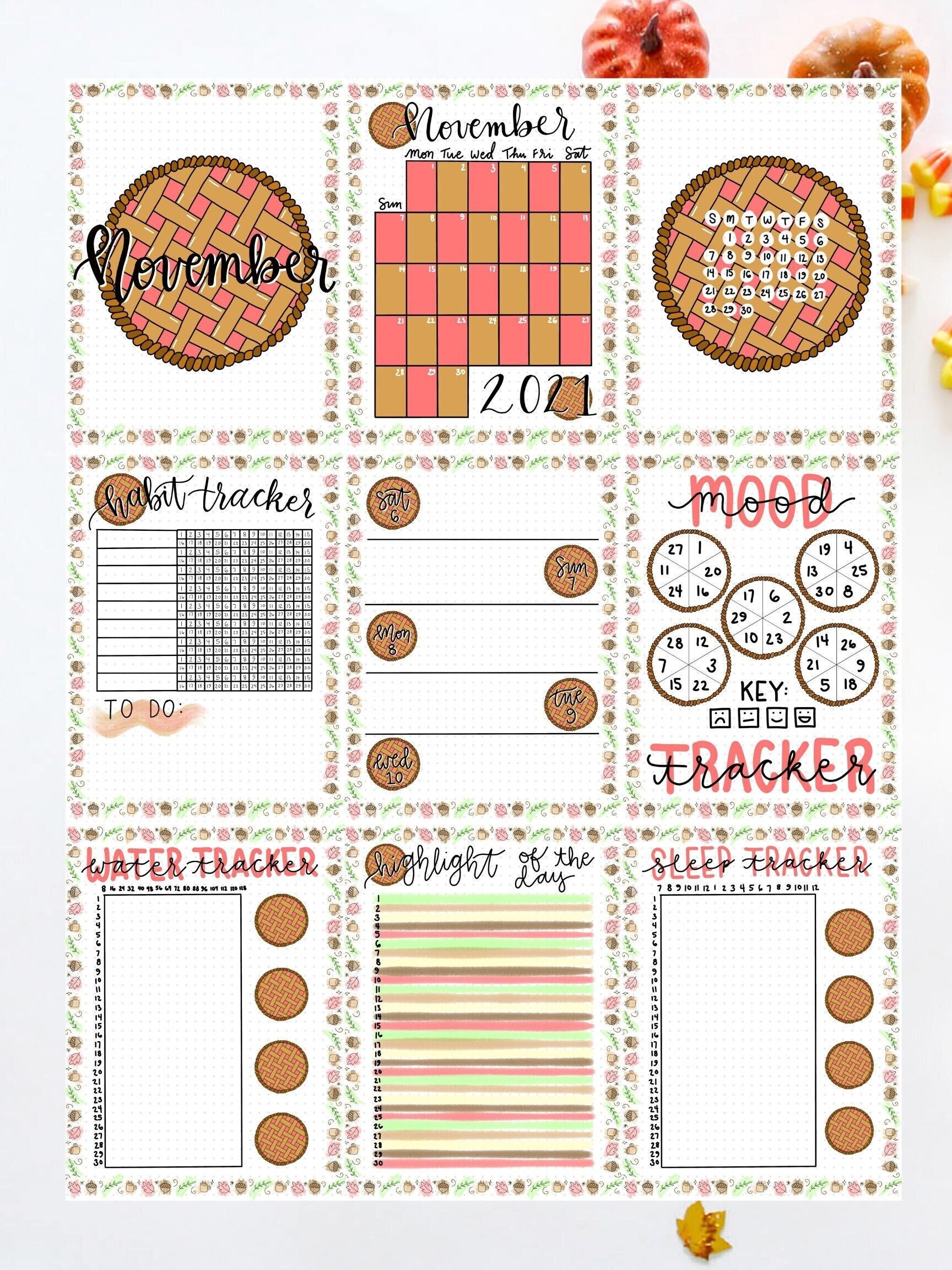 Digitally-Drawn November 2021 Bullet Journal Spreads for DIGITAL DOWN…