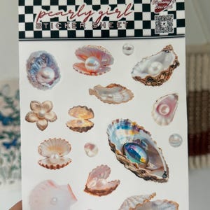 Pearly Girl Sticker Sheet, 5x7 waterproof Vinyl Stickers, pearl, shells, beachy, seashells, junk journal stickers, stationery, scrapbook