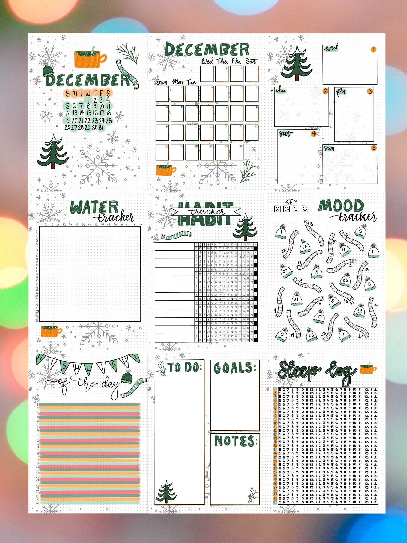 Digitally-Drawn December 2021 Bullet Journal Spreads for DIGITAL DOWN…
