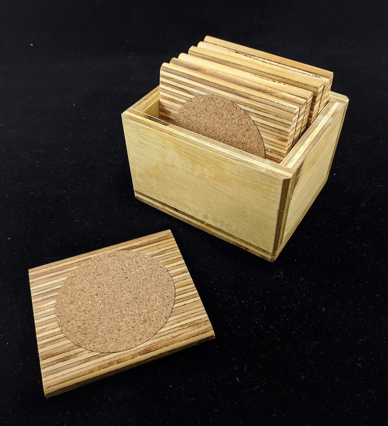 7 Plywood Coaster Set With Holder Etsy