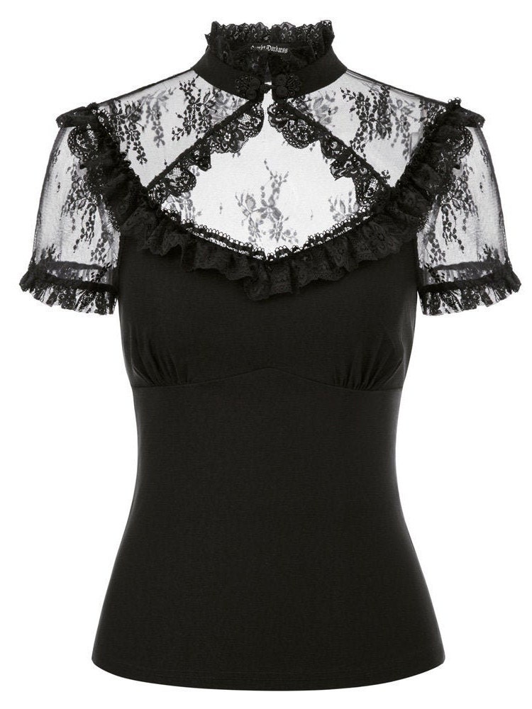 Gothic Style Hollowed Front Lace Patchwork Tops Steampunk Short Sleeve ...