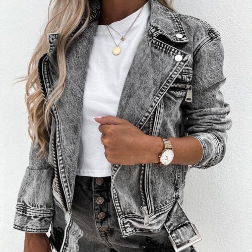 Denim Biker Jacket Women Grey Jacket Black Biker Jacket - Etsy